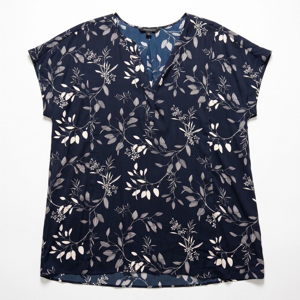 Banana Republic XL Womens Navy Blue Floral Blouse Short Sleeve Boho Casual TALL
